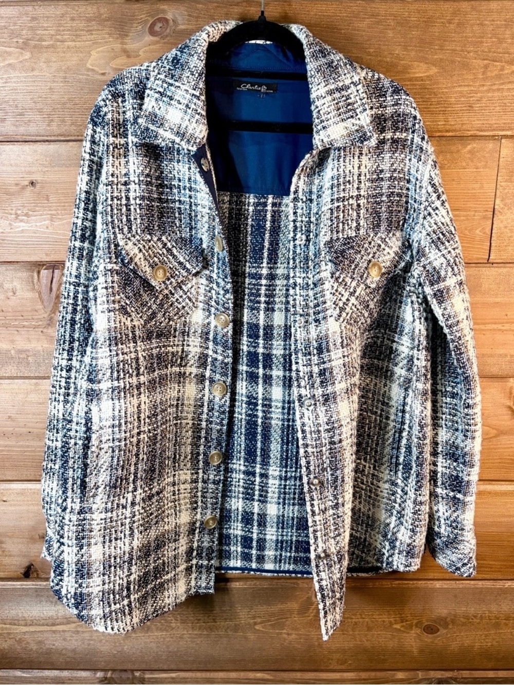 Charlie B Navy and White Plaid Button Snap Jacket Size Medium 💙💕